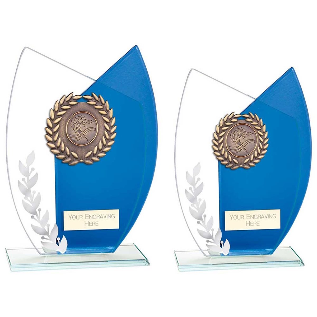 Blue and Clear Glass Curved Award with Gold Wreath CR23574
