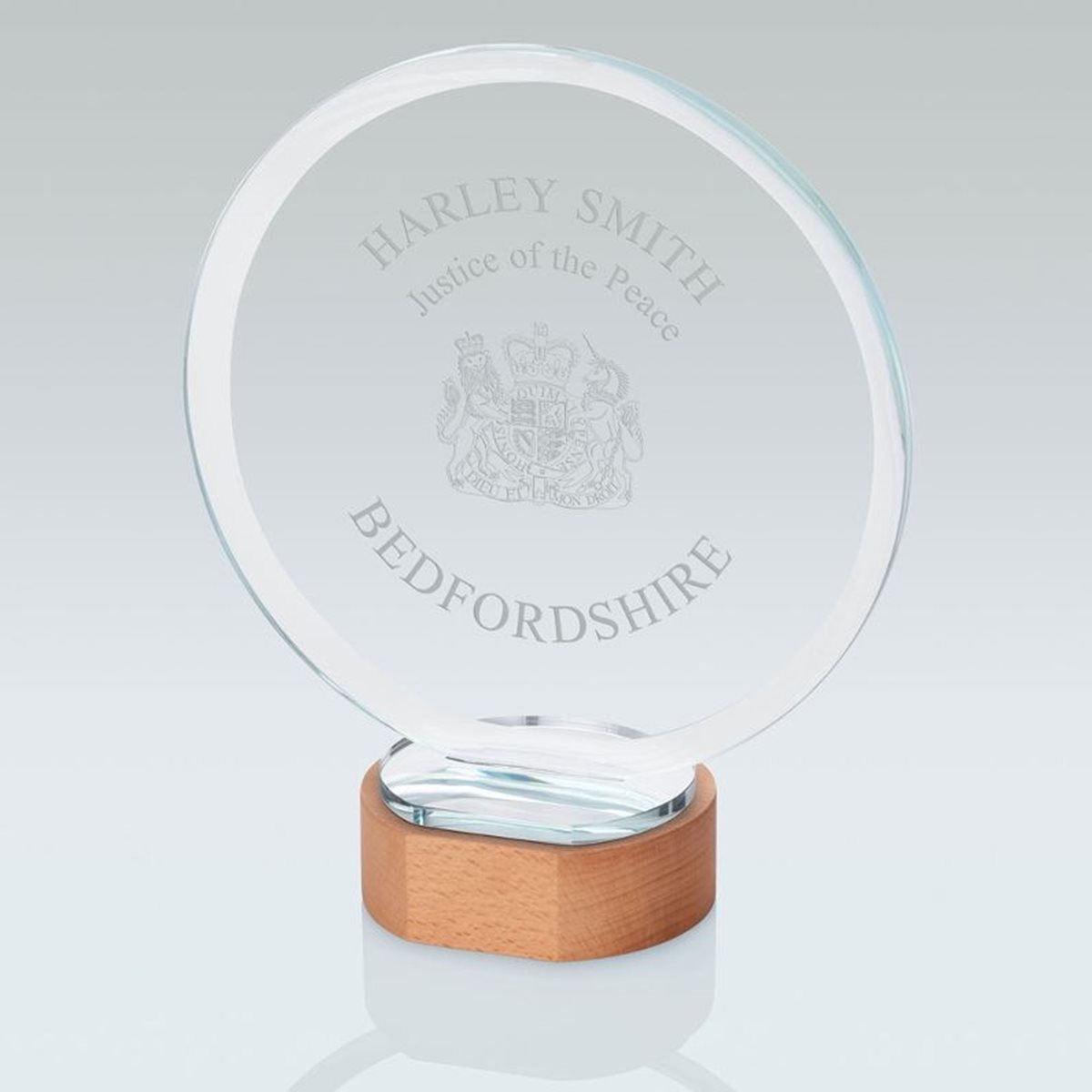Clear Glass Circle On Light Wood Base (10mm Thick)