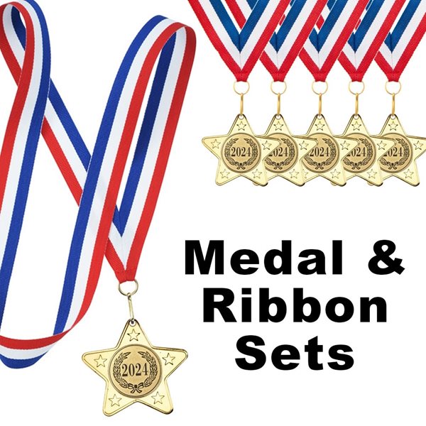 Set of 50mm Gold Star 2024 Medals with R/W/B Ribbon M10G