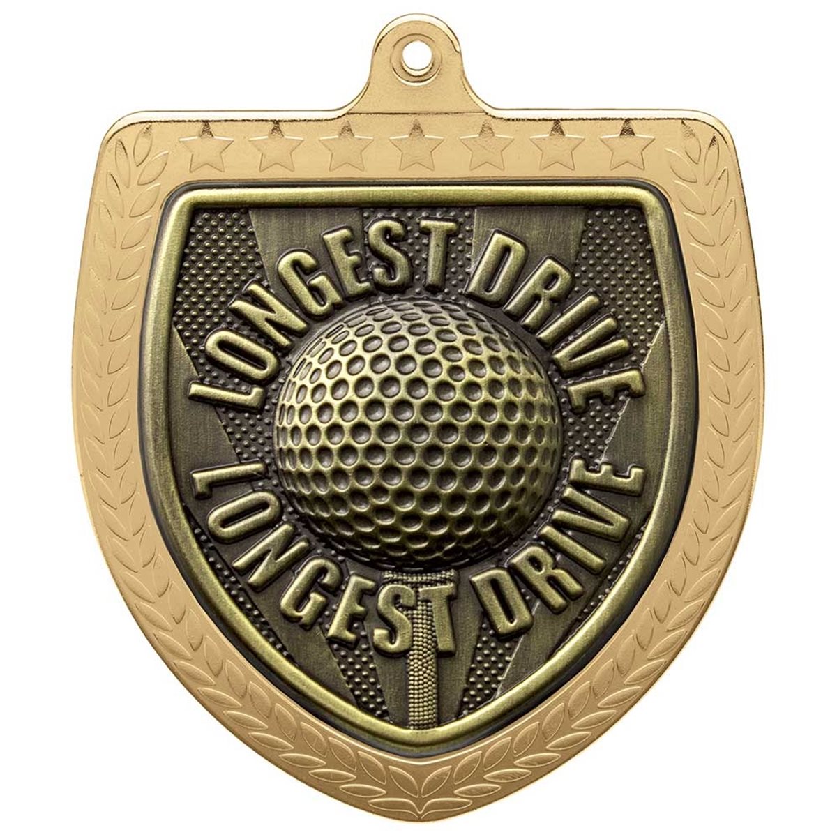 Golf Longest Drive 75mm Cobra Shield Medal in Gold, Silver & Bronze MM24212