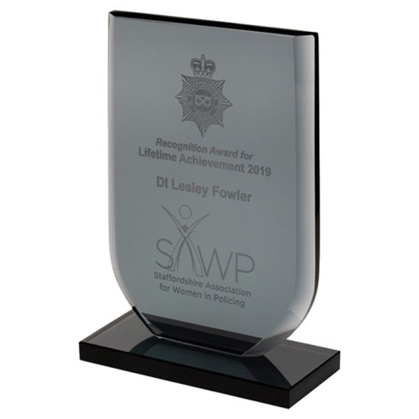 ENGRAVED ONLY (as per image) Smoked Glass Award 10mm thick SM03