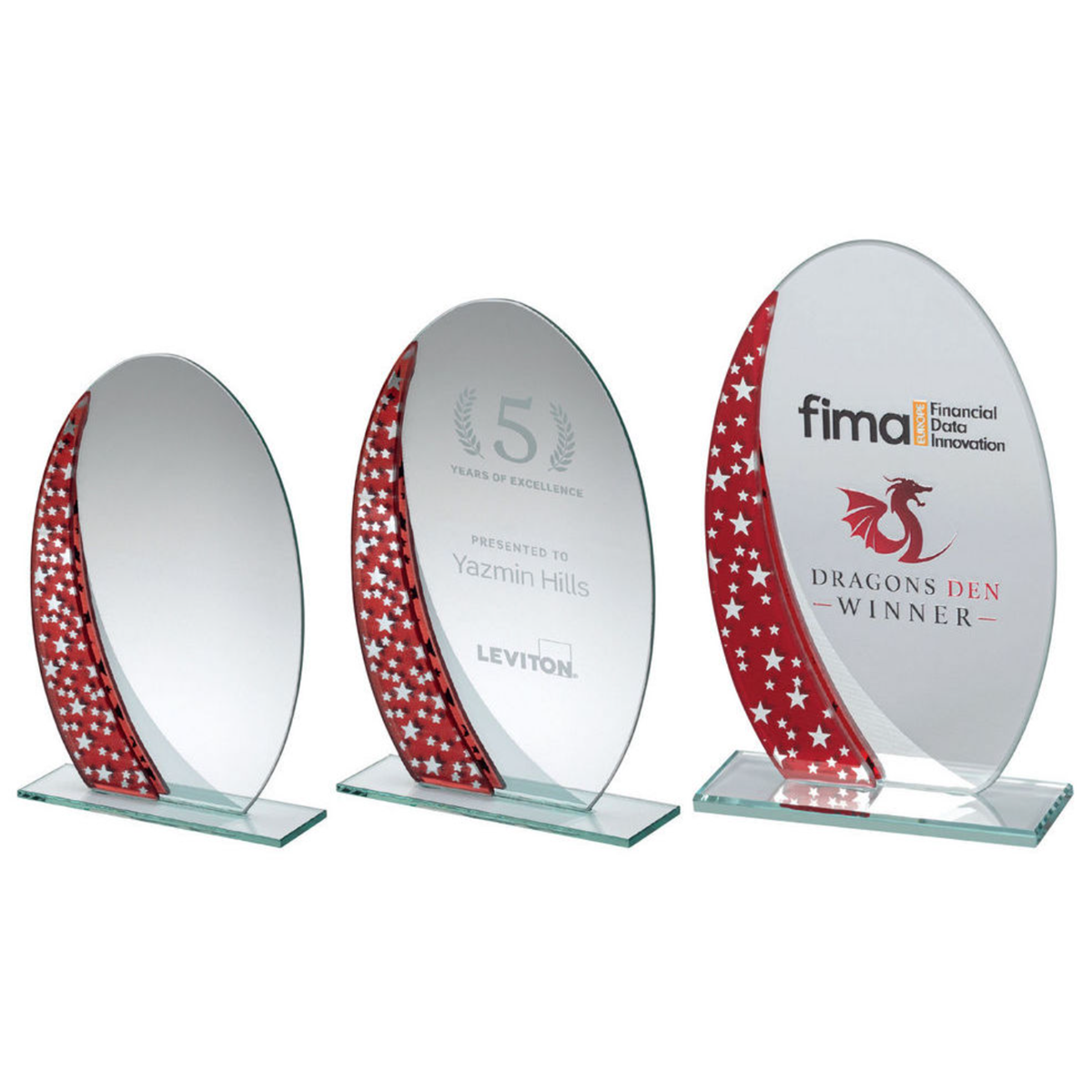 Jade Glass Oval Plaque With Red|silver Star Design (4mm Thick)