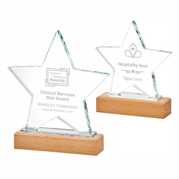Glass Star Award On Wood Base T.4103 - Colour Print Option