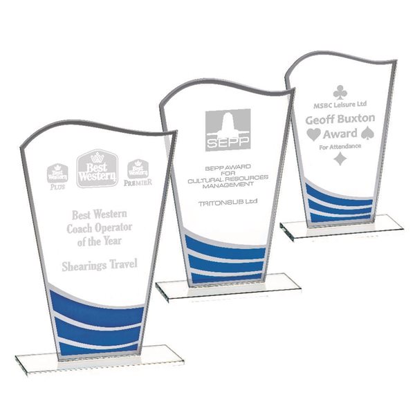 Economy Glass Award 4mm thick with Blue Wave Design T.7844