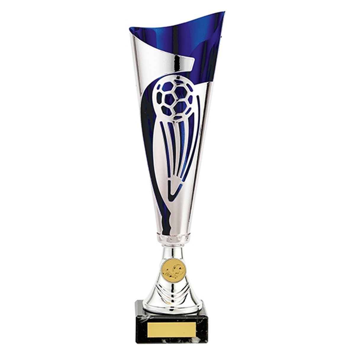 Silver and Blue Lasered Plastic Football Award on Black Base TR19706