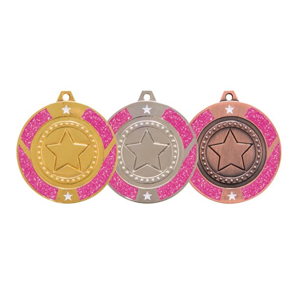Glitter Star Pink Medal 50mm, Gold, Silver and Bronze MM17148