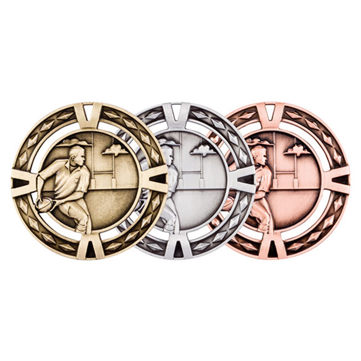 V-Tech 60mm Rugby Medal in Gold, Silver & Bronze MM1030