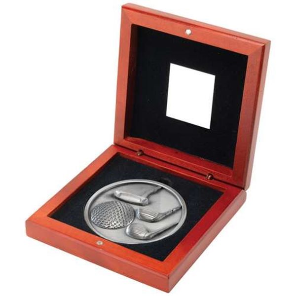 Golf Antique Silver 70mm Medallion in Wooden Box JR2-TY31B