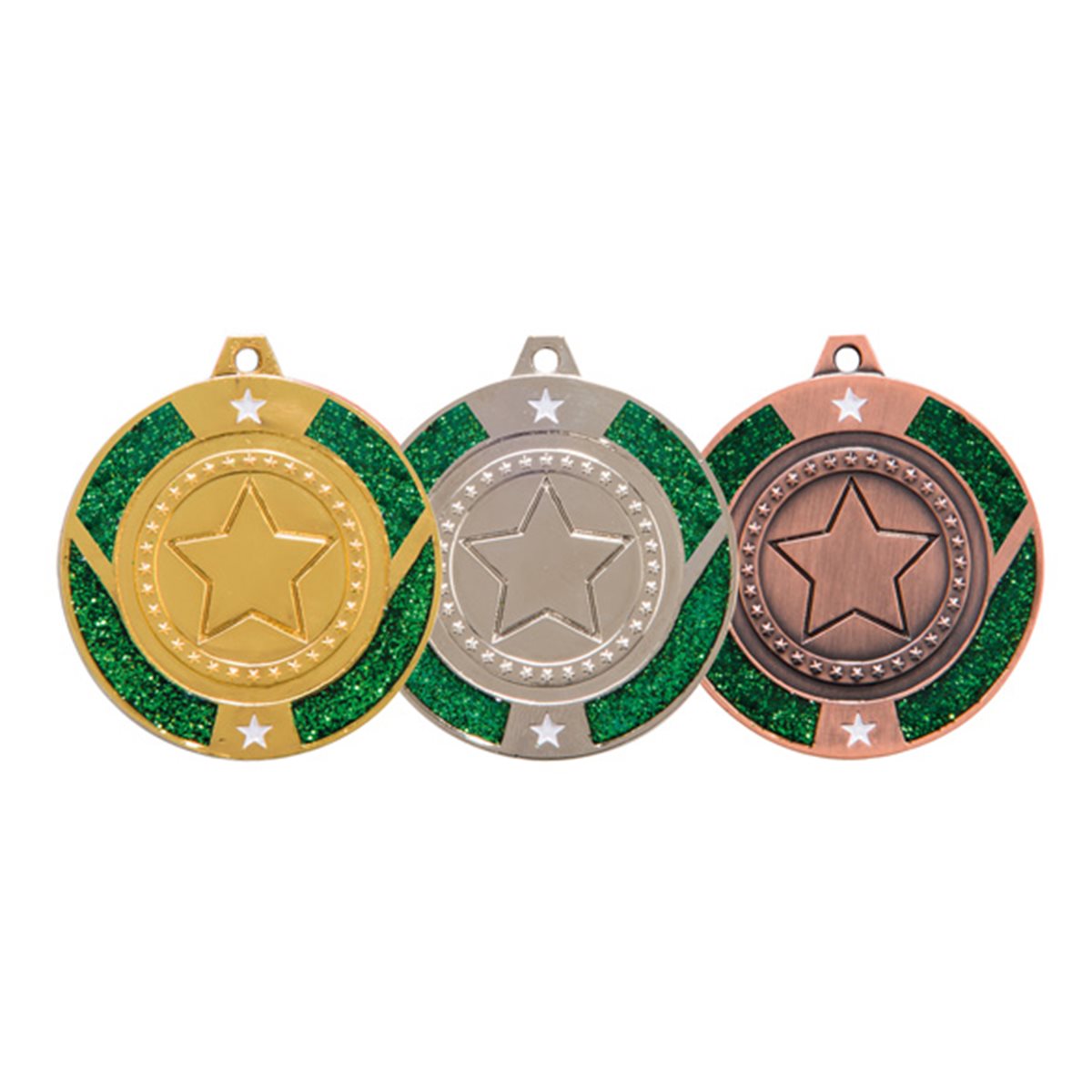 Glitter Star Green Medal 50mm, Gold, Silver and Bronze MM17147