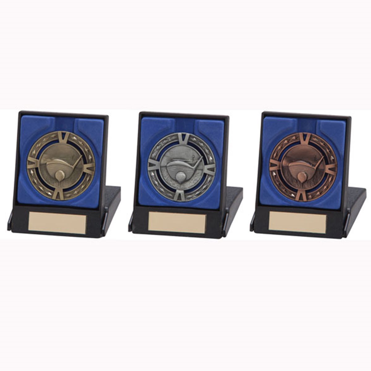 Golf Boxed 60mm Medal in Gold, Silver & Bronze MB4560