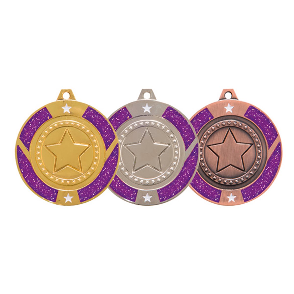 Glitter Star Purple Medal 50mm, Gold, Silver and Bronze MM17146