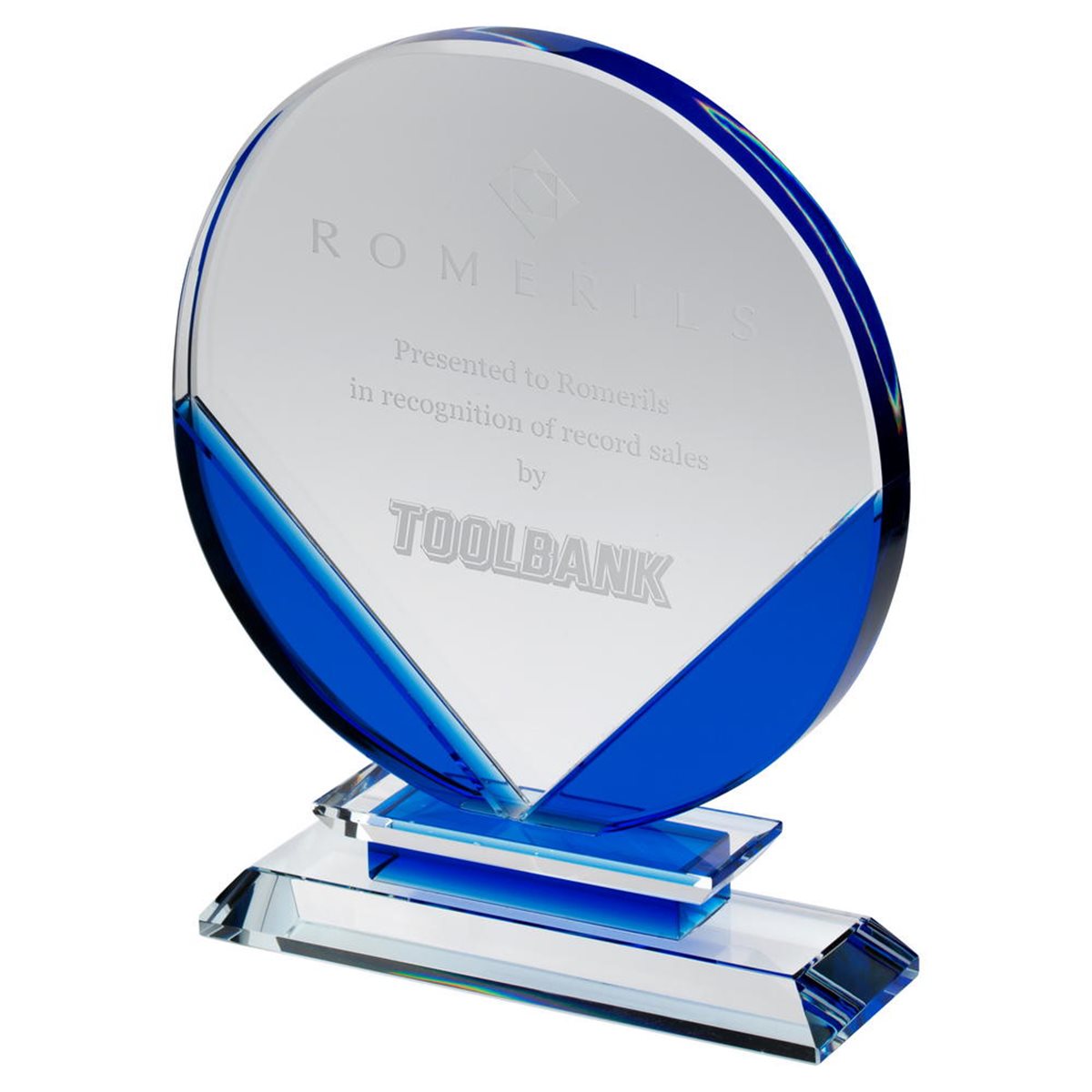 Blue and Clear Glass Award 15mm thick on Glass Base JB3400